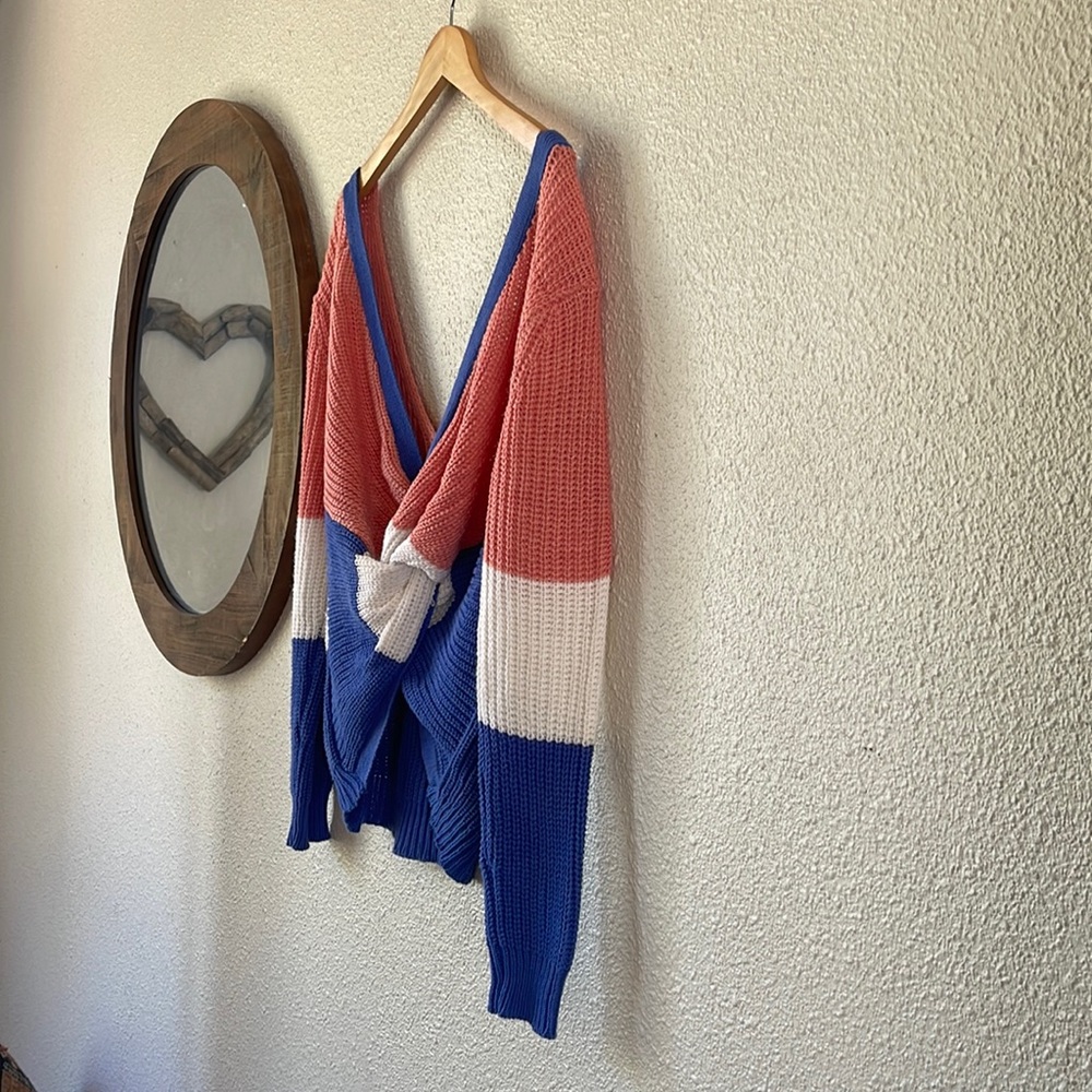 V neck cross back size large color block sweater